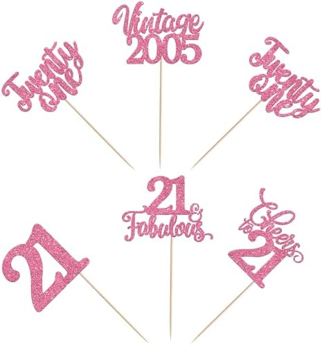 30PCS Happy 21st Birthday Cupcake Toppers 21 Fabulous Twenty One Vintage 2005 Cupcake Picks Cheers to 21 Years Party Decorations for 21st Birthday Anniversary Party Cake Decorations Supplies Pink
