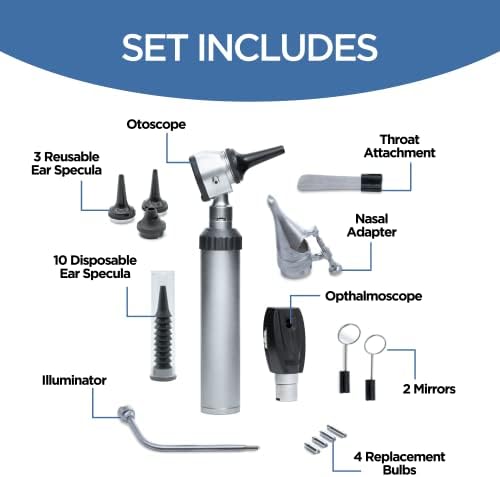 Zyrev Otoscope Oph Diagnostic Set - 34 Piece Medical and Nursing Student Otoscope/Opthalmoscope Kit - with Leather Case for Educational and Professional Settings (Advanced)