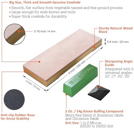 SHARPAL 204N Leather Strop (Genuine Cowhide) 8" x 3" Kit with 2 Oz. Polishing Compound & Angle Guide, Knife Stropping Block for Sharpening & Honing Knives, Straight Razor, Woodcarving Chisels
