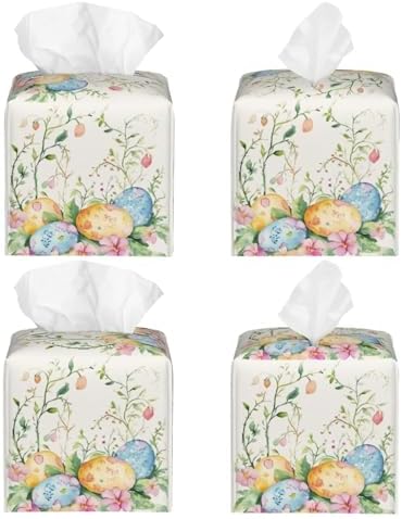 Easter Eggs Tissue Box Cover Spring Botanical Flowers Square Leather Tissue Holder Decorative Facial Tissue Cube Paper Cover Case Organizer for Bathroom Night Stands Desk Tabletop Living Room Home