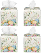 Easter Eggs Tissue Box Cover Spring Botanical Flowers Square Leather Tissue Holder Decorative Facial Tissue Cube Paper Cover Case Organizer for Bathroom Night Stands Desk Tabletop Living Room Home