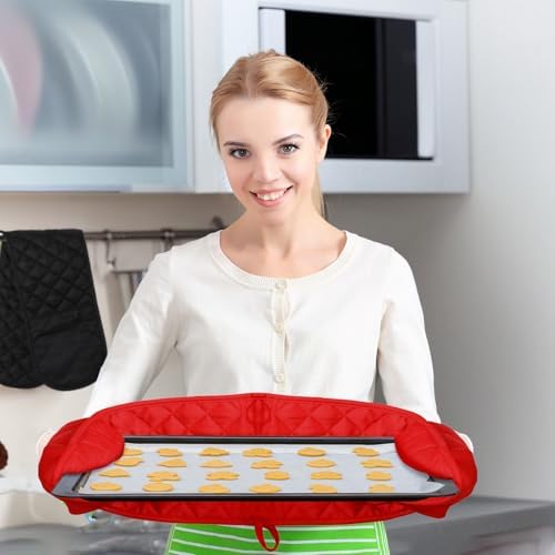 TecUnite 4 Pcs Double Oven Mitt Double Chef Kitchen Cooking Heat Resistant Gloves Potholders Modern Oven Gloves Cotton Black Blue Red Gray Kitchen Oven Mitts Set for Home Cooking