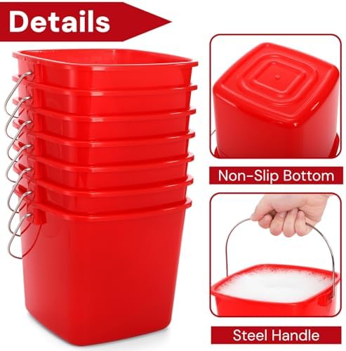 SOUJOY 7 Pack 3 Quart Cleaning Bucket, Plastic Small Sanitizing Bucket with Handle, Multi-Purpose Mini Square Pails for Kitchen, School, Offices, Household and Commercial Use, Red