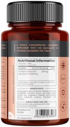 pureclinica Double Strength Cranberry Extract 10,000mg x 360 Ultra Concentrated Tablets (2 Bottles of 180) - 12 Months Supply!