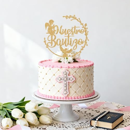 Spanish Nuestro Bautizo Cake Topper, First Holy Communion, Religious Baptism/Baby Shower/Wedding/Baby's 1st Birthday Party Decorations Gold Glitter