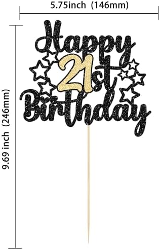 Gyufise 1Pc Happy 21st Birthday Cake Topper Black Gold Glitter Cheers to 21 Years Birthday Cake Pick 21 Fabulous Cake Decoration for 21st Wedding Anniversary Party Supplies