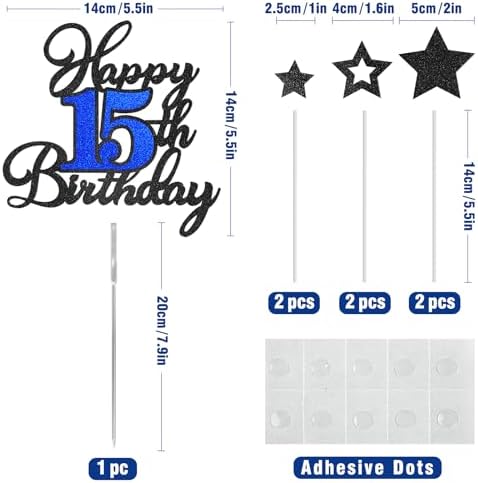 Happy 15th Birthday Cake Toppers, Black Blue Glitter Cake Decorations Set, 15th Birthday Decor, Birthday Anniversary Party Decorations Supplies