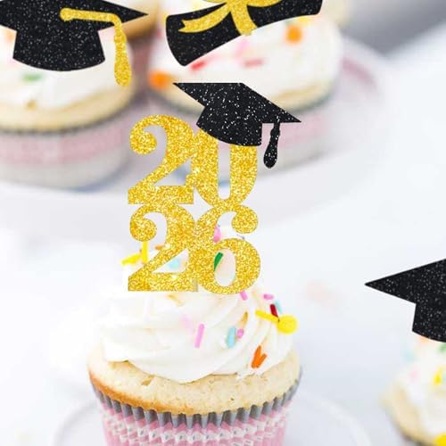 Graduation Cupcake Toppers Grad Party Decoration Food Picks Congrats Glitter Diploma Cap School Colors Supplies 24 PCS Gold Black