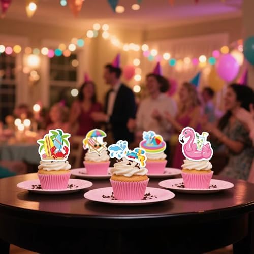 72Pcs Edible Summer Beach Pool Cupcake Toppers Wafer Paper Sun Flower Watermelon Water Gun Coconut Slippers Cupcake Picks Pool Party Birthday Tropical Luau Party Supplies