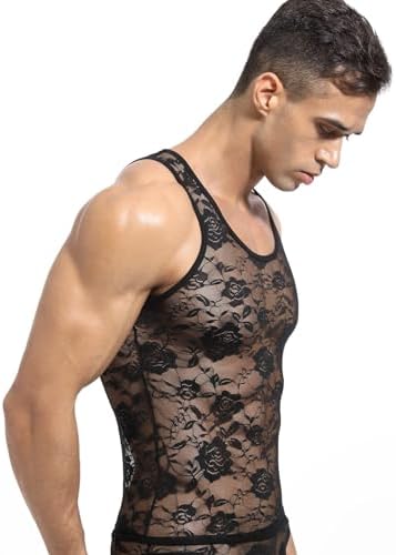 Men Lace Shirt See Through Tank Top Sleeveless Fishnet Sheer Underwear Sissy Lingerie for Crossdressers