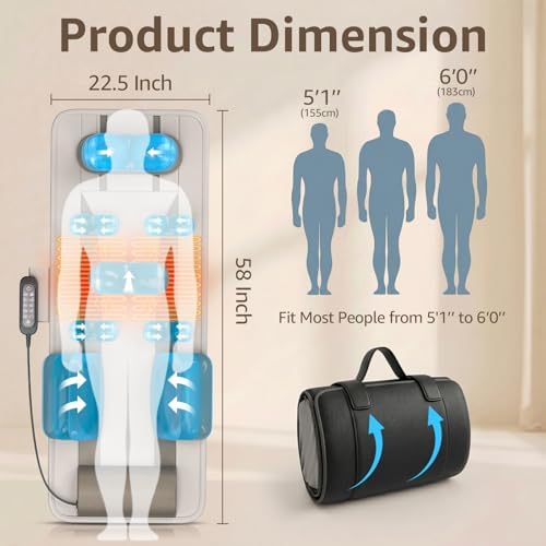 YENING Full Body Massage Mat with Airbags, Air Compression Stretching Mat with Heat for Bed Floor, Neck Lumbar Traction Pad for Pain Relief, Foldable Massage Mattress Topper, 5'1"-6'0"