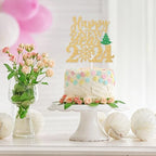 Happy New Year 2024 Cake Topper, Cheers and Beers to New Year Eve Cake Decorations, Goodbye 2023 Hello 2024, Glittery Welcome New Year Party Decorations
