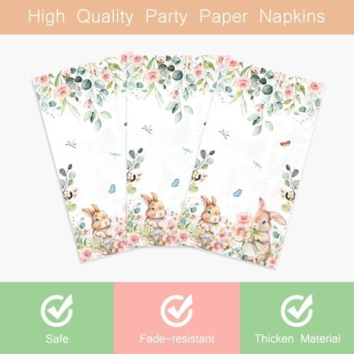 100pcs Easter Bunny Floral Guest Napkins Rabbit Flowers Spring Seasonal Disposable Paper Dinner Hand Napkin Towel for Home Kitchen Bathroom Powder Room Holiday Party Decorative Towels