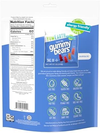 YumEarth Organic Fruit Flavored Gummy Bears, 10- .7oz. Snack Packs, Allergy Friendly, Gluten Free, Non-GMO, Dye Free