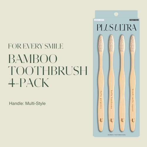Plus Ultra Eco-Friendly Bamboo Toothbrush 4-Pack – Soft Bristles for Sensitive Gums – Sustainable, Biodegradable Moso Bamboo – All Natural and BPA Free with Positive Affirmations Etched on Handles