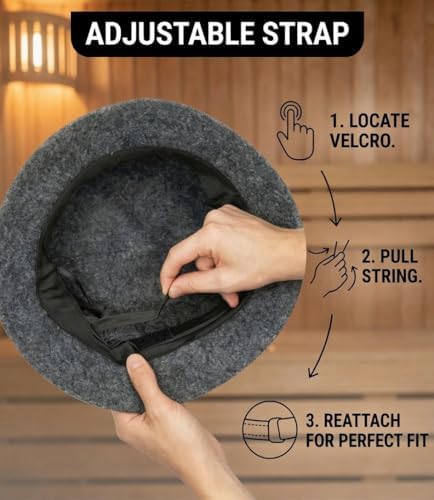 Adjustable Premium Sauna hat - 100% Natural Wool Sauna Hat for Men and Women - Sauna Cap with Sweatband - Insulating Breathable Wool Banya Hat for Spa, Home Steam Room, Unisex Steam Room Hats