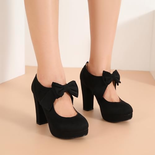 fereshte Women's Platform Mary Jane Pumps with Bow, High Block Heel, Closed Toe, Zip Closure