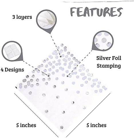 100 Silver Napkins - 4 Assorted Designs l 3-Ply Cocktail Napkins Paper Folded 5 x 5 Inches l Bar Napkins Disposable Party Napkin for Wedding Baby Shower Birthday (Assorted Pink)
