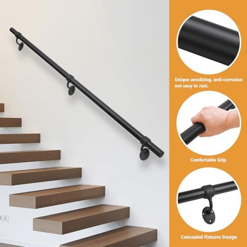 6.6ft Stair Railing Indoor Metal Hand Rails for Indoor Stairs 1.5" Pipe Stair Handrail Aluminum Wall Mounted Indoor/Outdoor Handrail for Steps Black Industrial Handrail for Stairs