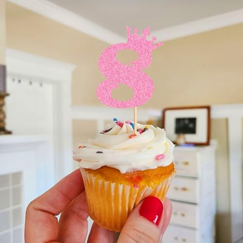 Ercadio 24 Pack Number 8 Cupcake Toppers 8th Cupcake Toppers Glitter Pink Number 8 Cupcake Picks Cheers to 8 Anniversary Birthday Decorations for Baby Shower Party Cake Supplies