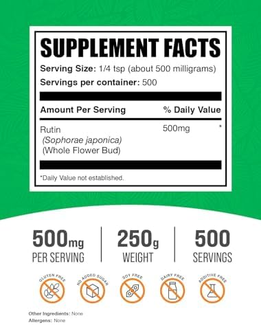 BulkSupplements.com Rutin Powder - from Saphora Japonica, Rutin Supplement, Rutin 500mg - Antioxidants Supplement, Circulation Support - Pure & Natural, 500mg per Serving, 250g (8.8 oz)