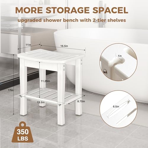 FLYJOE Shower Bench for Shaving Legs, Waterproof HDPE Chair Seat With Storage Shelf and Handles, Spa Stool for Bath Tub Bathroom Indoor Outdoor Use, White