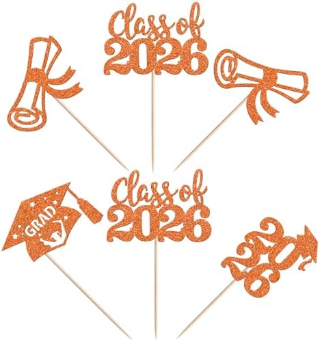 24 PCS 2026 Graduation Cupcake Toppers Glitter Class of 2026 Cupcake Picks Diploma Congrats Grad Cap Cake Decorations for 2026 Graduation Theme Party Supplies Orange