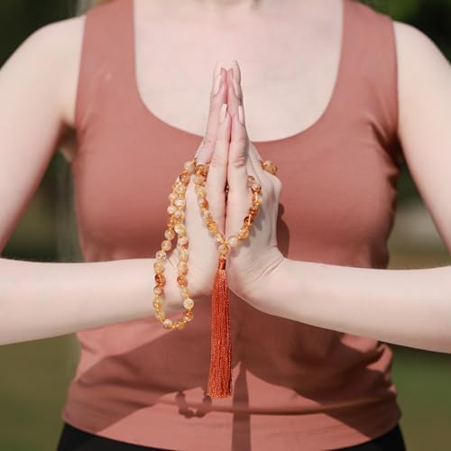 8mm Yellow Citrine Mala – 108 Bead Meditation & Prayer Necklace, Natural Gemstone Healing Beads with Lab Certified Authenticity