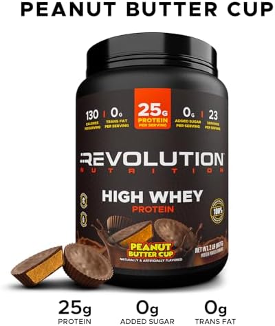 Revolution Nutrition, High Whey, Protein Powder 2LB, Whey Isolate, Gluten Free, Lean Muscle Mass for Men & Women, 25g of Protein Per Scoop, 908 g, 24 Servings (Chocolate Peanut Butter Cup, 2 Pound)