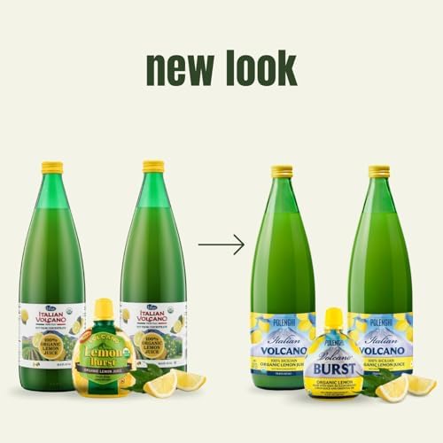 Italian Volcano Organic Lemon Juice 33.8 Ounces - 2 Pack Bundled Kit - Certified Organic - Each Bottle Contains 40 Fresh Lemons (2 Bottles + 1 Burst)