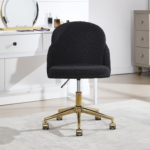 Faux Fur Desk Chair, Comfy Plush Makeup Vanity Chair Modern Upholstered Fluffy Swivel Chair with Wheels Golden Metal Base, Height Ajdustable for Girls, Home Office Living Dressing Room Bedroom, Black