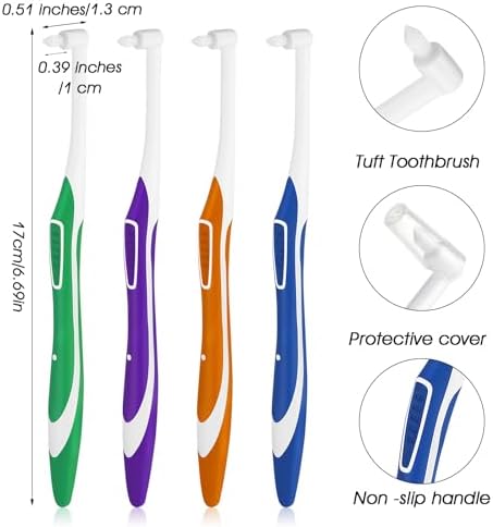 4pcs Tuft Toothbrush Single Tufted Slim Interspace Teeth Brushes End-tuft Tapered Compact Soft Dental Brushes for Detail Cleaning (Green + Blue + Yellow + Purple)