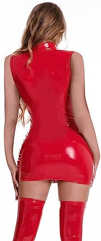 FEOYA Latex Dress for Women Sexy Faux Leather Mini Dress Halloween Devil Dominatrice Costumes PU Wet Look Lingerie Outfits