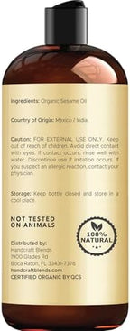 Handcraft Blends Organic Sesame Oil - 16 Fl Oz - 100% Pure and Natural - Premium Grade Carrier Oil for Skin and Hair - Hair and Body - Massage - Expeller-Pressed and Hexane-Free