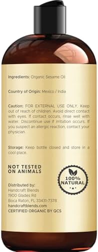 Handcraft Blends Organic Sesame Oil - 16 Fl Oz - 100% Pure and Natural - Premium Grade Carrier Oil for Skin and Hair - Hair and Body - Massage - Expeller-Pressed and Hexane-Free