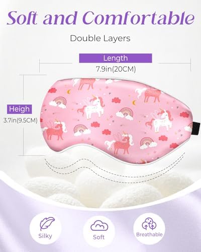 Miss Adola Sleep Mask for Kids - Silk Eye Mask for Sleeping Cute Cartoon Kids Sleep Mask for Boys Girls Teens Soft Smooth Adjustable Straps Silk Kids Eye Cover, PK Rainbow Unicorn
