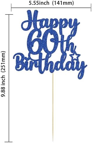 Gyufise 1Pc Happy 60th Birthday Cake Topper Glitter 60 & Cheers to 60 Years Old 60th Birthday Cake Pick for Celebrating 60th Birthday Anniversary Party Cake Decorations Supplies Blue