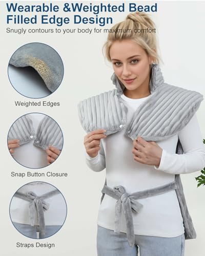 Dowin Massaging Heating Pad for Neck and Shoulders,Wearable Heating Pads for Back Pain Relief,Auto-Shut Off, 2 Heat Settings Heating Pad Wrap with Massager,Machine Washable,24 x35inch Grey