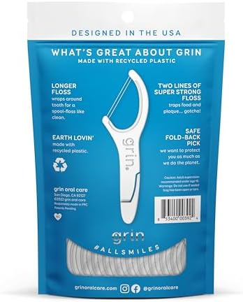 GRIN Double Flosspyx, Floss Picks, 75 Count, Dental Flossers, Minty Flavor, Recycled Plastic, 2 Lines of Strong Floss, Longer Floss Head, Traps Food and Plaque, Includes Safe Soft Fold-Back Tooth Pick