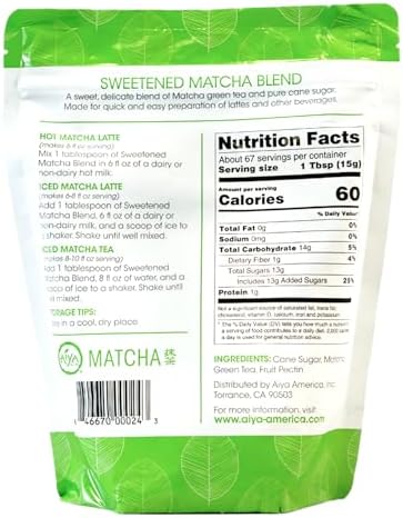 Aiya Sweetened Matcha Blend Powder - Matcha Latte Powder With Antioxidant-Rich Japanese Green Tea & Pure Cane Sugar - Ideal for Smoothies, Lattes, and Culinary Creations - 1kg Bag (2.2 lbs)