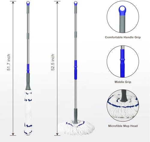 Self Wringing Floor Cleaner with 52.5 Inch Long Handle, Heavy Duty Wet Mop for Hardwood, Tile, Vinyl, Laminate Floors (White)