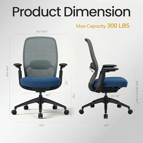 COLAMY Aether Executive Office Chair for Long Hours, One-Touch Easy Adjust Managerial Desk Chair with Levitating Seat Cushion & Pilot-Level Sync Armrests, 300 LBS Mid Back Mesh Computer Chair,Blue