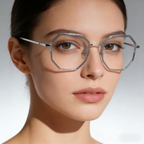 ICARA 2 Pack Polygon Blue Light Blocking Glasses for Women Men Vintage Octagon Square Metal Eyeglasses unisex lightweight