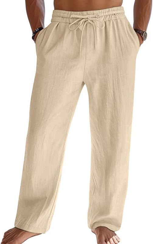 Men's Cotton Linen Pants Casual Summer Beach Pants Loose Fit with Elastic Waist Drawstring Yoga Trousers Slacks