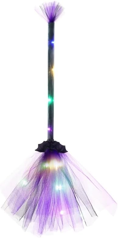 Lighted Witch Broom with LED Lights - Halloween Witch Broomstick Prop for Costume Party & Decoration
