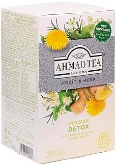 Ahmad Tea Herbal Tea, Ginger, Peppermint, Fennel, Dandelion, & Birch 'Detox' Teabags, 20 ct (Pack of 6) - Decaffeinated & Sugar-Free