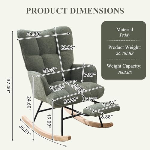 NIOIIKIT Nursery Rocking Chair, Teddy Upholstered Rocker Chair with Footrest, Glider Chair with Side Pocket, Comfy Rocker Recliner with High Backrest, Rocking Accent Chair for Living Room (Green)
