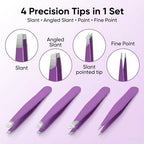 Purple Tweezers Set, 4 Pack Stainless Steel Eyebrow Tweezers with Travel Case for Women & Men, Precision Tweezers for Facial Hair, Ingrown Hair & Splinter Removal