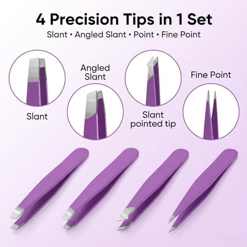 Purple Tweezers Set, 4 Pack Stainless Steel Eyebrow Tweezers with Travel Case for Women & Men, Precision Tweezers for Facial Hair, Ingrown Hair & Splinter Removal