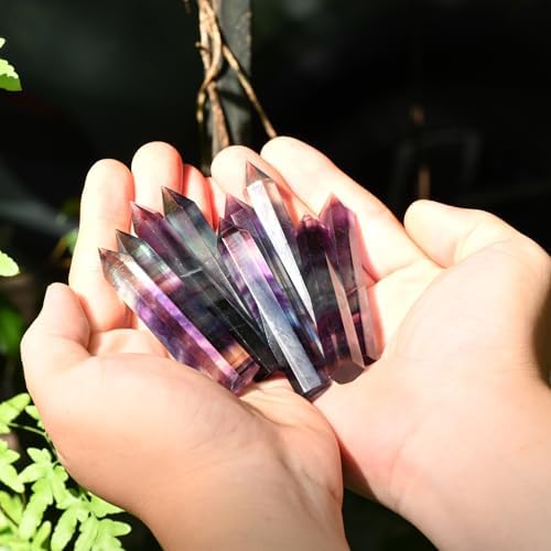 WHAL&YUNE Gemstone Wands 1PC, Rainbow Fluorite Hexagonal Wands Gemstone Tower, Natural Hand Carved Pointed Stone Fluorite Crystal for Meditation, Home Decor-3"-3.5"(8-9cm)